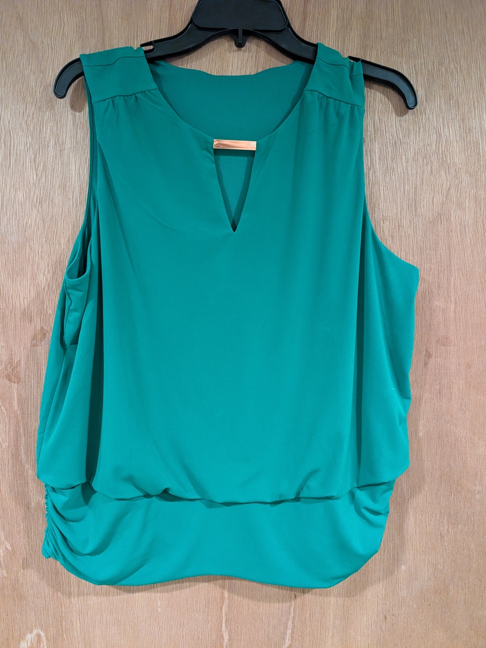 INC International Concepts Teal Sleeveless V-Neck Blouson Top with Gold Bar
